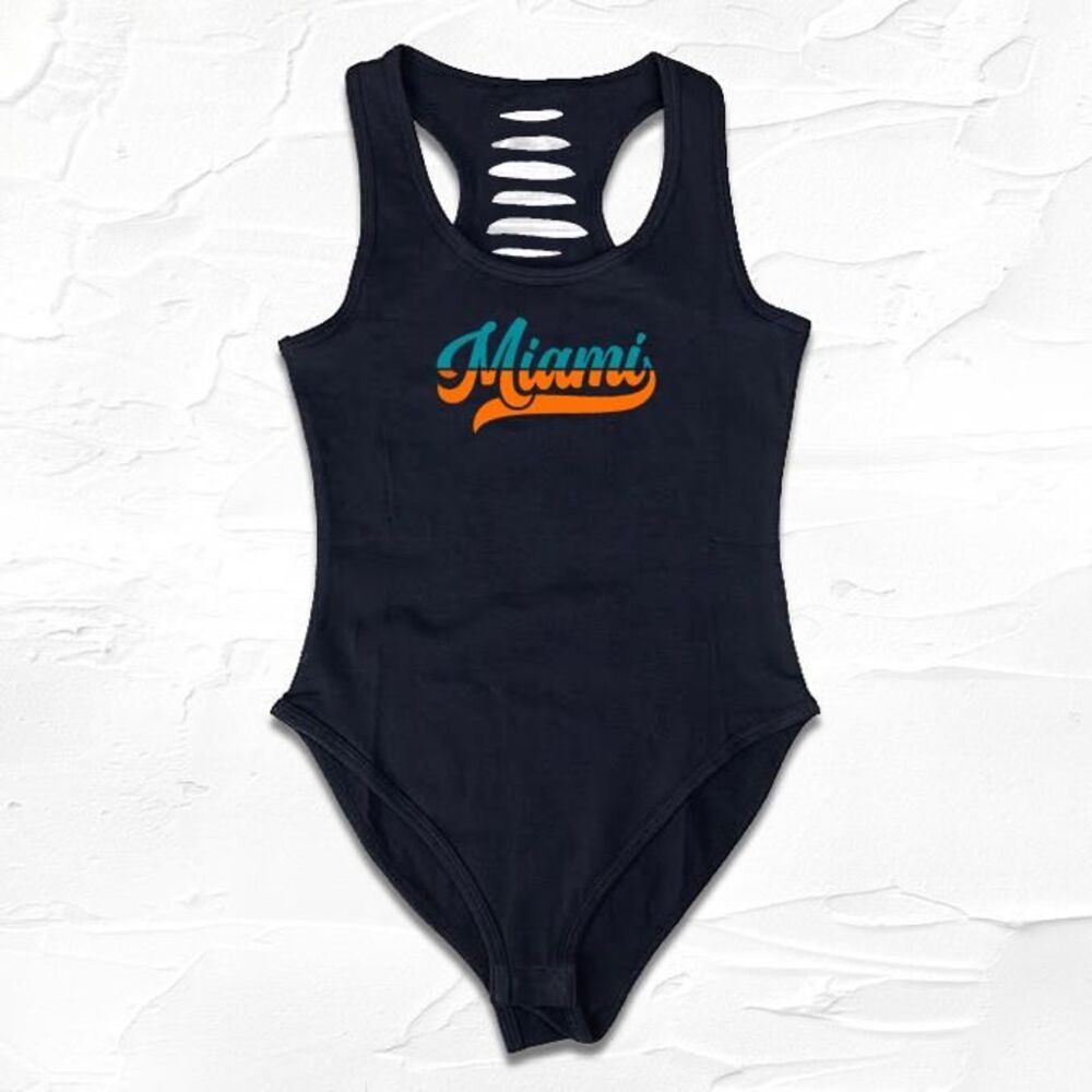 Aqua/Orange Womens handmade black Miami bodysuit, DIY Football outfits, Florida